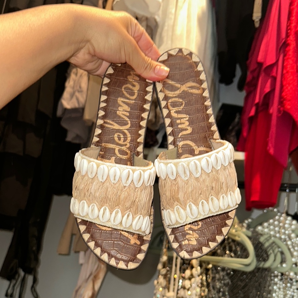 Sam Edelman Tan and White Fringe Slide Sandals
